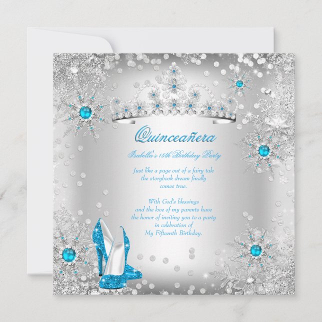 Invitation Quinceanera Blue Silver Winter Wonderland (Devant)