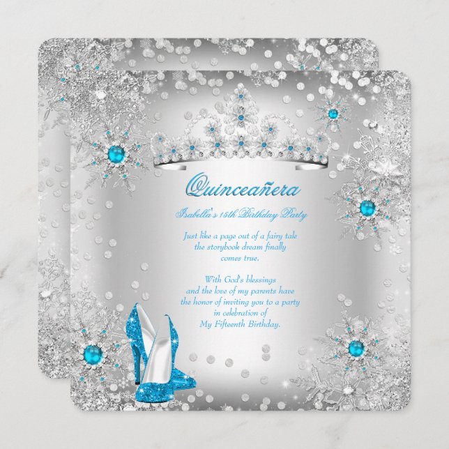 Invitation Quinceanera Blue Silver Winter Wonderland (Devant / Derrière)