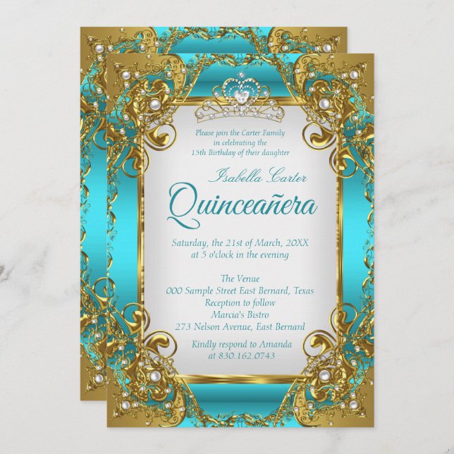 Invitation Quinceanera Blue Turquoise Golden Pearl Tiara Part (Devant / Derrière)