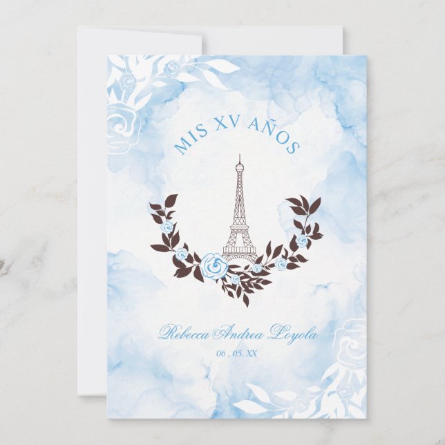 Invitation Quinceañera Blue Watercolor Chic Paris Eiffel (Devant)