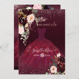 Invitation Quinceanera Blush Bourgogne Aquarelle Fleurs