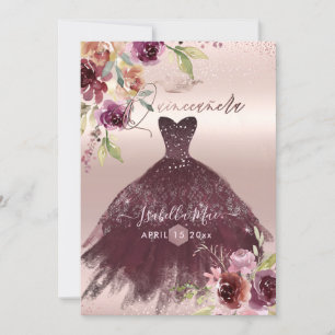 Invitation Quinceanera Blush Bourgogne Aquarelle Fleurs