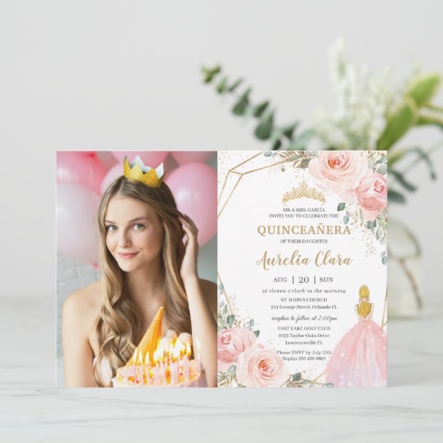 Invitation Quinceañera Blush Floral Blonde Photo Anniversaire (Debout devant)