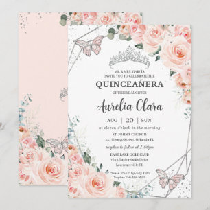 Invitation Quinceañera Blush Floral Butterflies Argent Couron