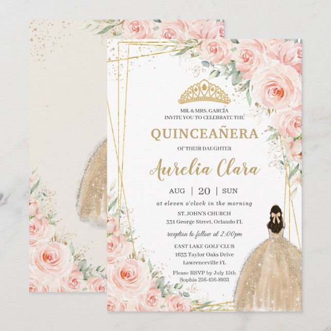 Invitation Quinceañera Blush Floral Champagne Robe Princesse (Devant / Derrière)