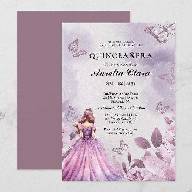 Invitation Quinceañera Blush  floral papillon violet  (Devant / Derrière)