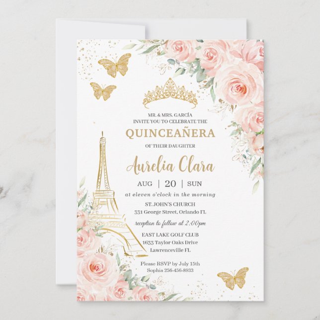 Invitation Quinceañera Blush Floral Paris Eiffel Champagne (Devant)