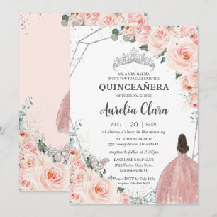 Invitation Quinceañera Blush Floral Princess Argent Couronne