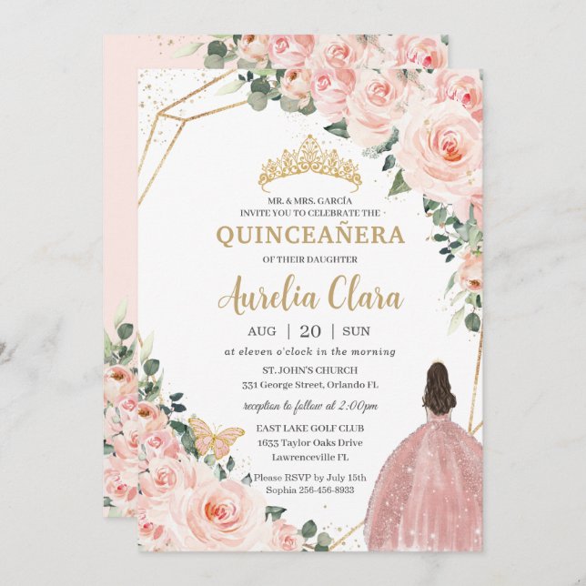 Invitation Quinceañera Blush Floral Princess Gold Crown (Devant / Derrière)
