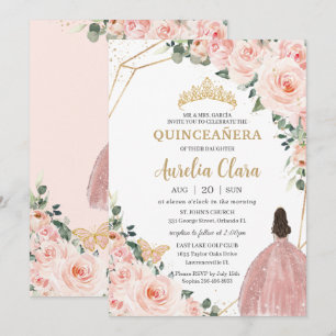 Invitation Quinceañera Blush Floral Princess Gold Crown