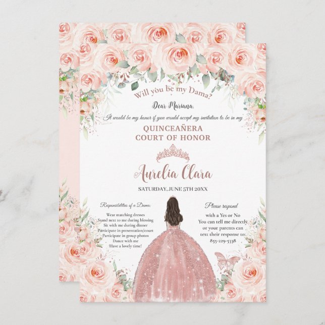 Invitation Quinceañera Blush Floral Rose Gold Dama Propositio (Devant / Derrière)