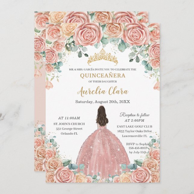 Invitation Quinceañera Blush Floral Rose Gold robe Princesse (Devant / Derrière)