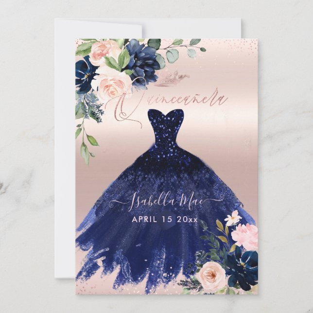 Invitation Quinceanera Blush Navy Blue Watercolor Fleurs (Devant)