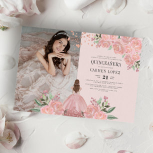 Invitation Quinceañera Blush Ping Gold Floral Princesse Photo