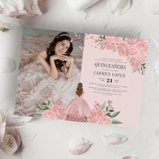 Invitation Quinceañera Blush Ping Gold Floral Princesse Photo (Créateur téléchargé)