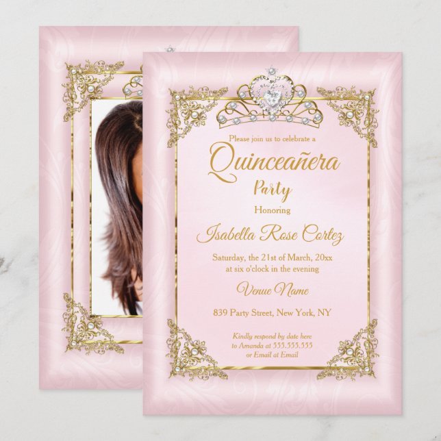 Invitation Quinceanera Blush Pink Damas photo Gold Tiara (Devant / Derrière)