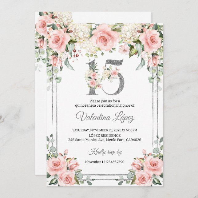 Invitation Quinceanera Blush Pink Floral 15e anniversaire (Devant / Derrière)