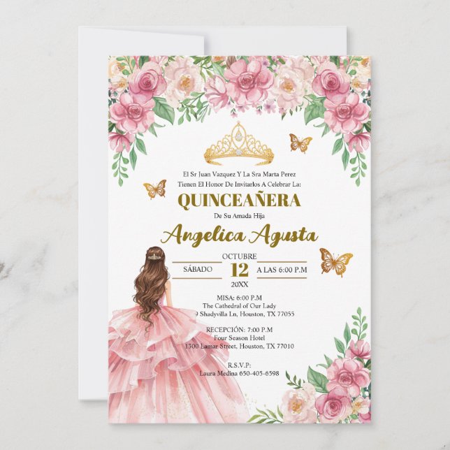 Invitation Quinceañera Blush Pink Floral Princess Spanish (Devant)
