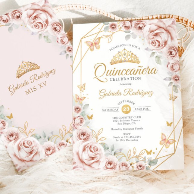 Invitation Quinceanera Blush Pink Gold Floral (Créateur téléchargé)