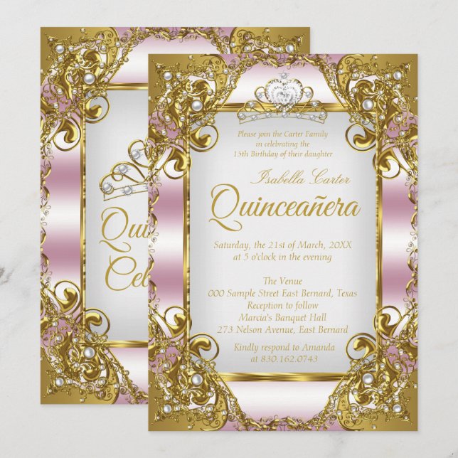 Invitation Quinceanera Blush Pink Golden Pearl Tiara Parti (Devant / Derrière)