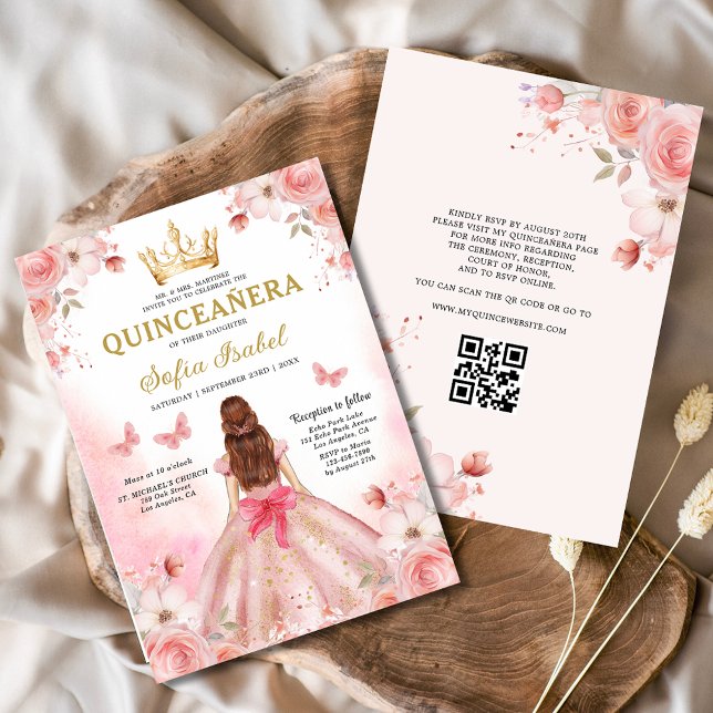Invitation Quinceañera Blush Pink QR Code Floral (Créateur téléchargé)