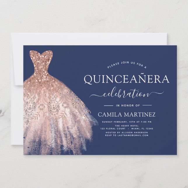 Invitation Quinceanera Blush Pink - Rose Gold Navy Blue (Devant)
