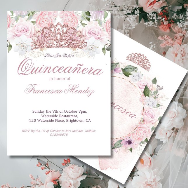 Invitation Quinceanera Blush Pink Tiara Floral (Créateur téléchargé)