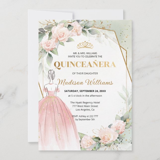 Invitation Quinceañera Blush Rose Anniversaire (Devant)
