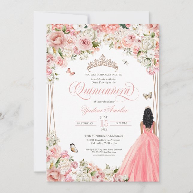 Invitation Quinceanera Blush Rose Blanc Floral & Papillon In (Devant)