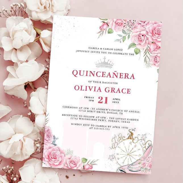 Invitation Quinceanera Blush rose Floral Argent Couronne (Créateur téléchargé)