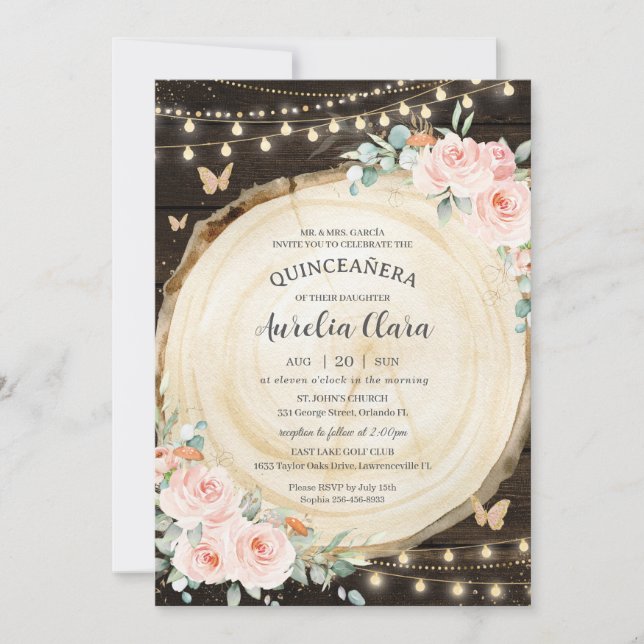 Invitation Quinceañera Blush rose Floral Enchanted Forest (Devant)