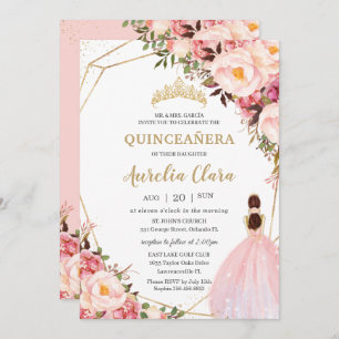 Invitation Quinceañera Blush Rose Floral Gold Princess