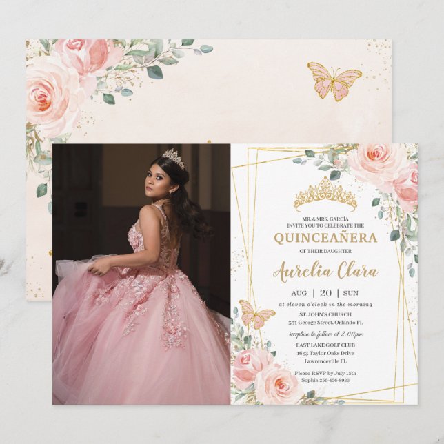 Invitation Quinceañera Blush Rose Floral Papillons Photo (Devant / Derrière)