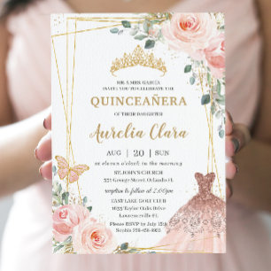 Invitation Quinceañera Blush rose Floral Princesse Gown Tiara