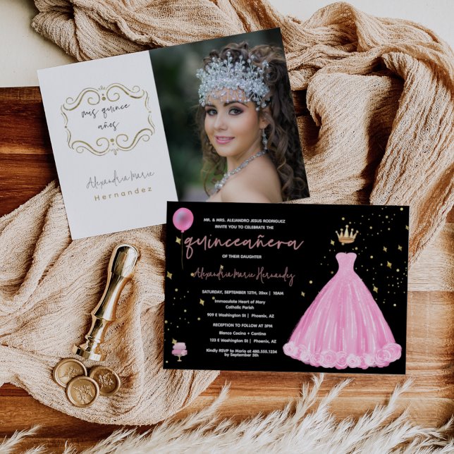 Invitation Quinceañera Blush rose Floral Princesse Tiara Phot (Créateur téléchargé)