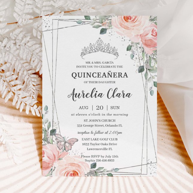 Invitation Quinceañera Blush rose Floral Rose Couronne papill (Créateur téléchargé)