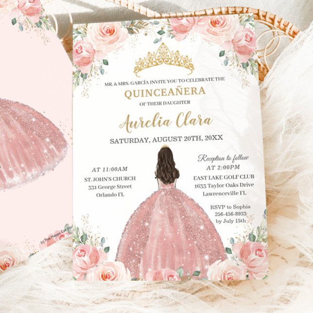 Invitation Quinceañera Blush rose Floral Rose Gold Princesse (Créateur téléchargé)