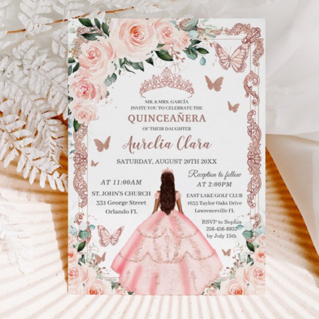 Invitation Quinceañera Blush rose Floral Rose Gold Princesse (Créateur téléchargé)