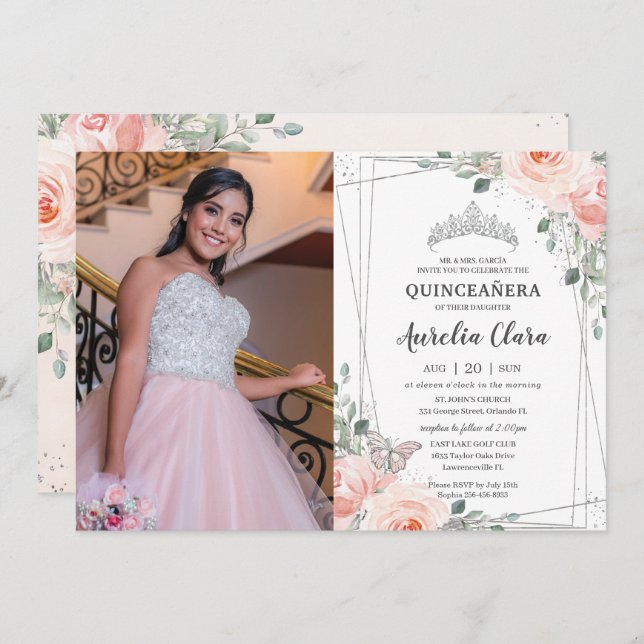 Invitation Quinceañera Blush rose Floral Rose photo papillon (Devant / Derrière)