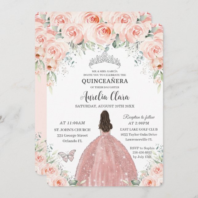 Invitation Quinceañera Blush rose Floral Rose Princess Silver (Devant / Derrière)