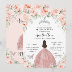 Invitation Quinceañera Blush rose Floral Rose Princess Silver