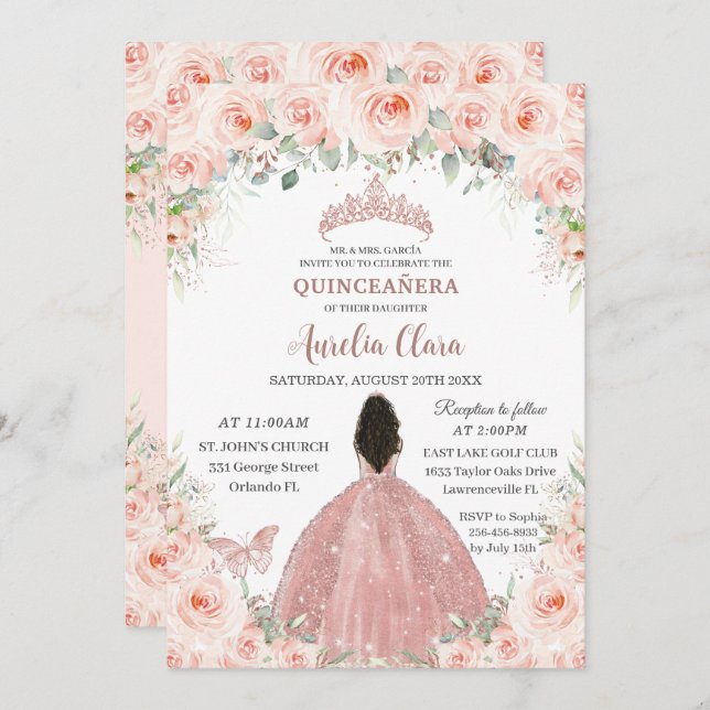 Invitation Quinceañera Blush rose Floral Rose Robe d'or fille (Devant / Derrière)