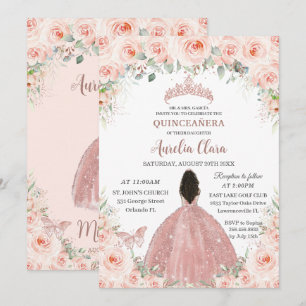 Invitation Quinceañera Blush rose Floral Rose Robe d'or fille