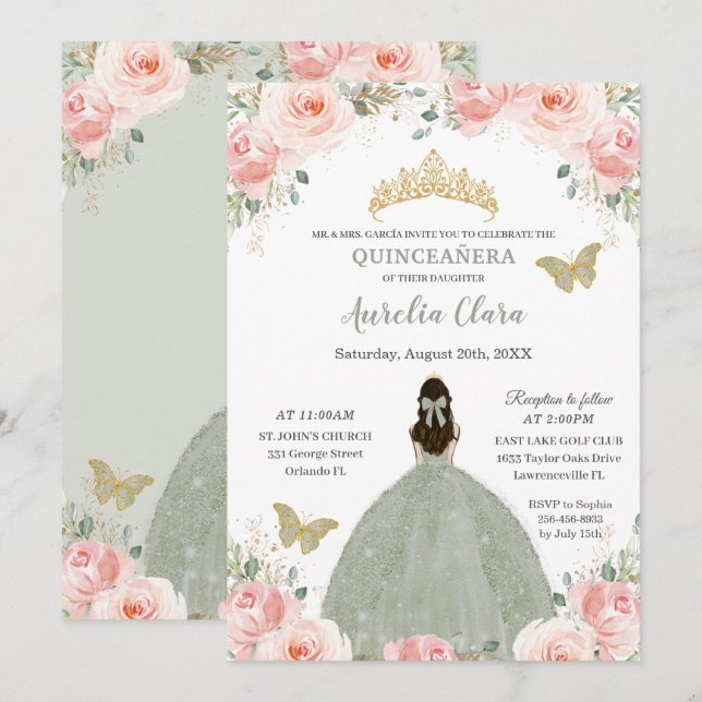 Invitation Quinceañera Blush Rose Floral Sage Green Princesse (Devant / Derrière)