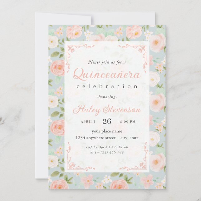 Invitation Quinceanera Blush Rose Girl Élégant Chic Floral (Devant)