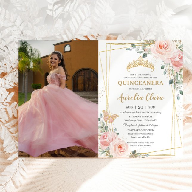 Invitation Quinceañera Blush Rose Rose Floral Butterfly Photo (Créateur téléchargé)
