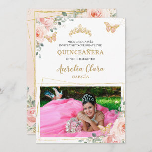 Invitation Quinceañera Blush Rose Rose Floral Butterfly Photo