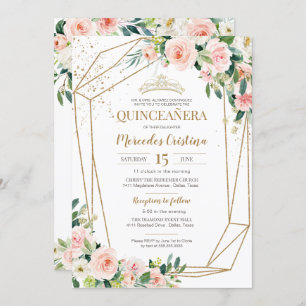 Invitation Quinceanera Blush Roses rose et Gold Pearl Tiara