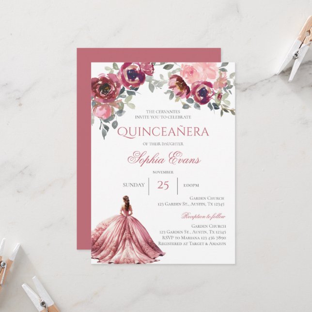 Invitation Quinceanera Bohème (Devant/Arrière en situation)