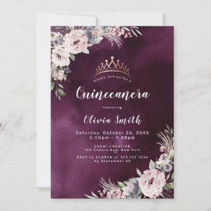 Invitation Quinceanera bohème floral violet prune et rose pou